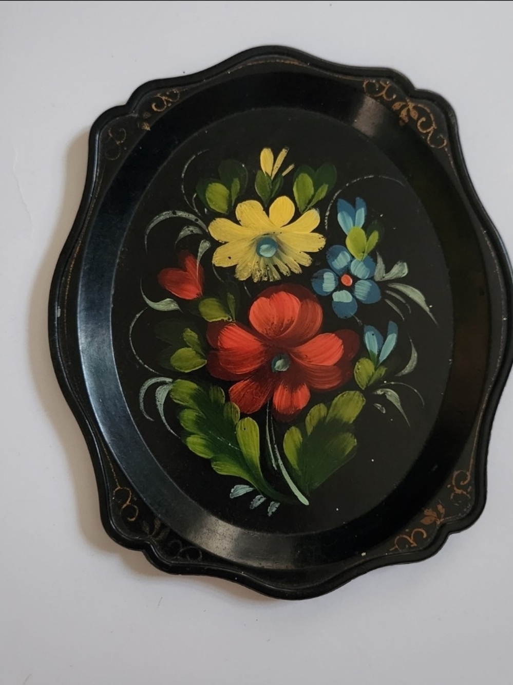 Vintage Toleware Trinket Tray Black Multicolor Floral USSR Soviet Folk Art